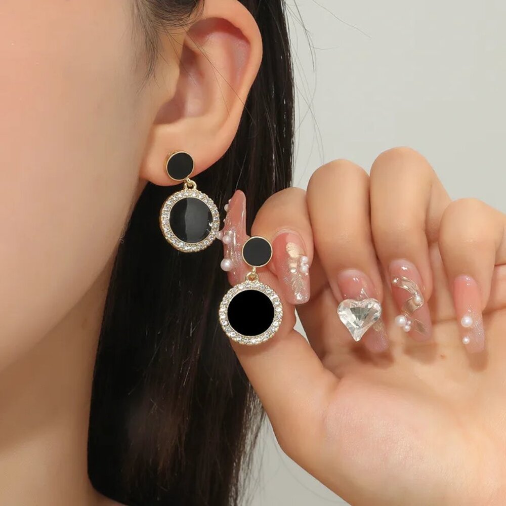 3/$35 Sparkly Circle Black Drop Dangle Gold Tone Small Earrings Rhinestones